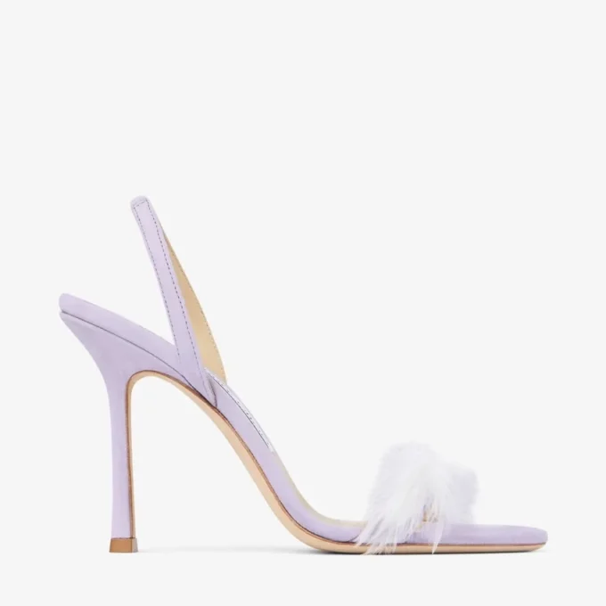 “72138” Lilac Suede Sandal with Feather Embellishment
