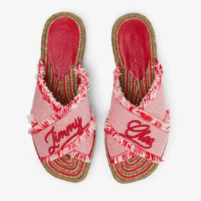 Aciel Sandal Flat Ruby Red Mix Frayed Flecked Canvas Flat Sandals