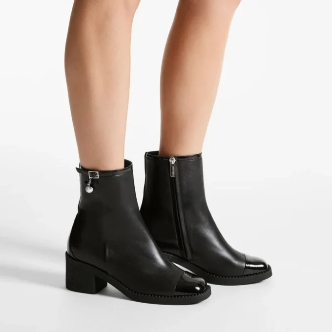 Adry Ankle Boot 60 Black Patent and Nappa Leather Boots with Pearl Charm