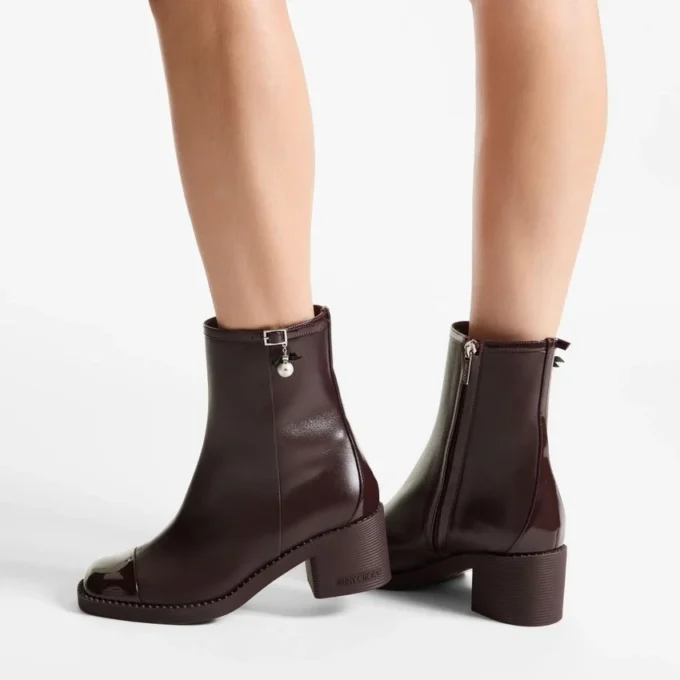 Adry Ankle Boot 60 Deep Merlot Patent Nappa Leather Ankle Boots with Pearl Charm