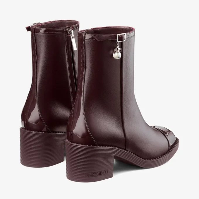 Adry Ankle Boot 60 Deep Merlot Patent Nappa Leather Ankle Boots with Pearl Charm