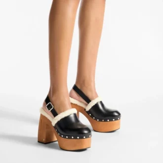 Alida Platform 135 Black Shiny Calf Leather Slingbacks with Shearling