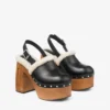 Alida Platform 135 Black Shiny Calf Leather Slingbacks with Shearling