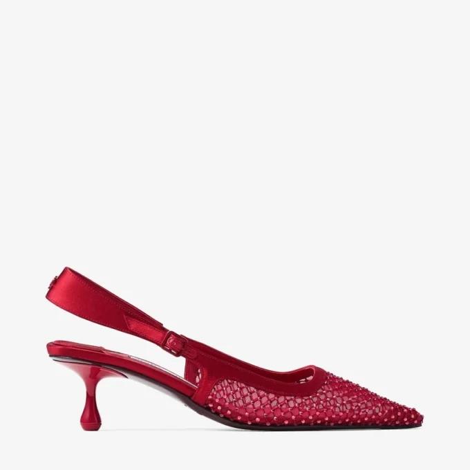 Amel 50 Ruby Red Crystal Mesh and Satin Pumps