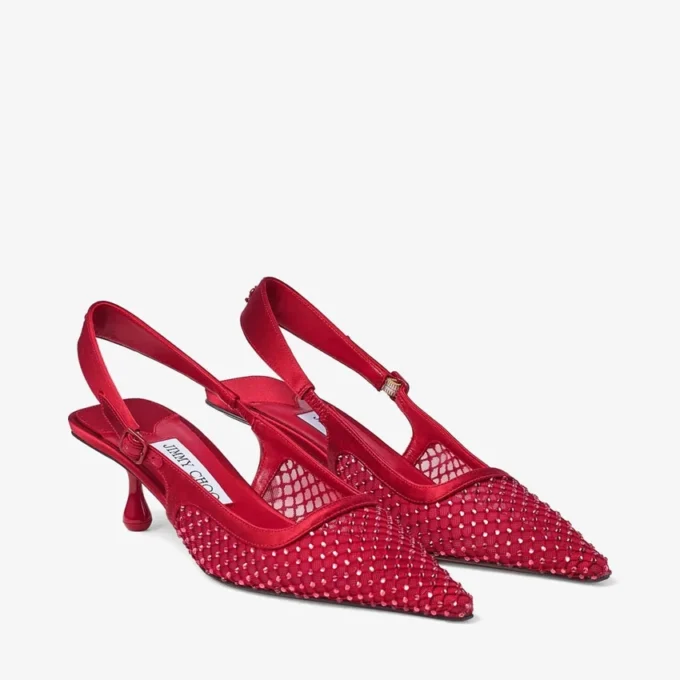 Amel 50 Ruby Red Crystal Mesh and Satin Pumps