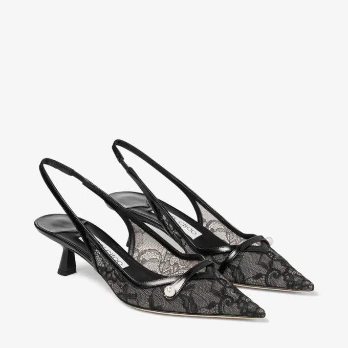 Amita 45 Black Jimmy Choo Lace and Spazzolato Pumps