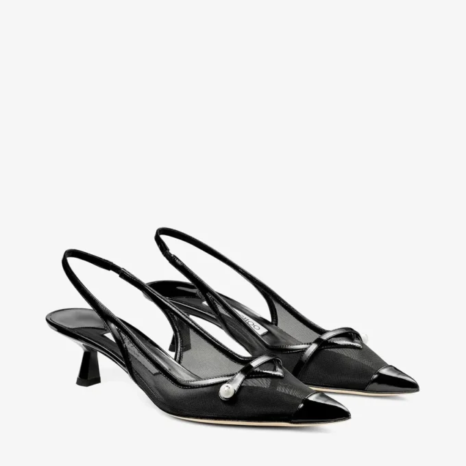 Amita 45 Black Patent Leather and Mesh Slingbacks