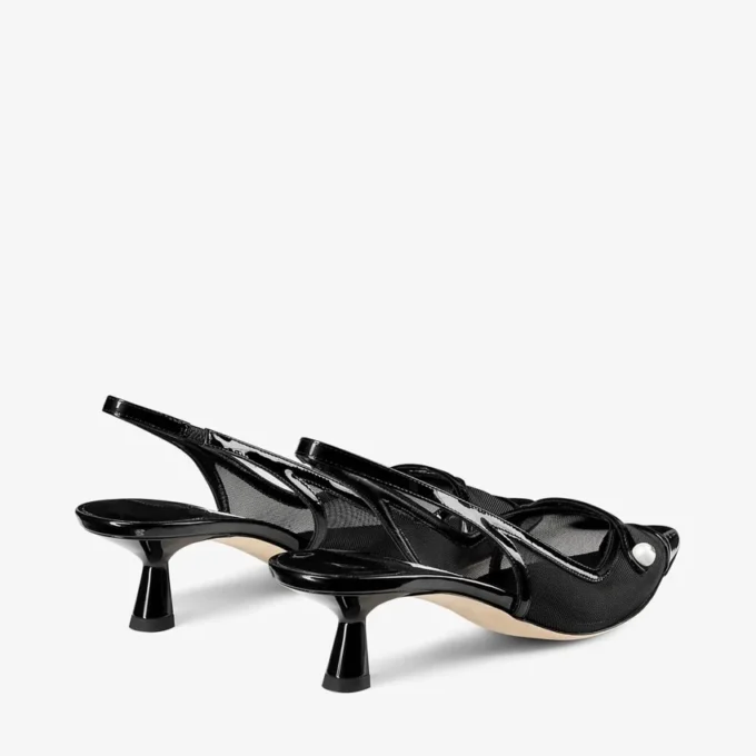 Amita 45 Black Patent Leather and Mesh Slingbacks