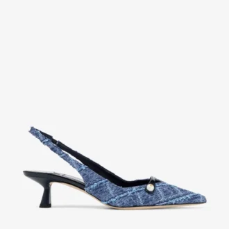 Amita 45 Marine Crosshatch Denim and Patent Leather Slingbacks
