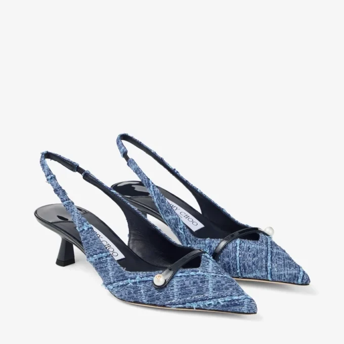Amita 45 Marine Crosshatch Denim and Patent Leather Slingbacks