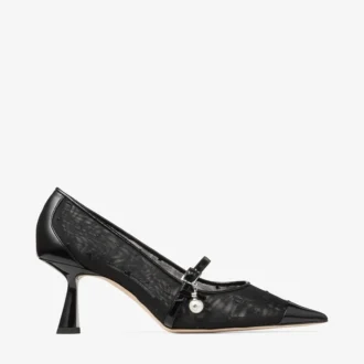 Aren Pump 65 Black Spazzolato and Heart Mesh Pumps with Pearl Charm