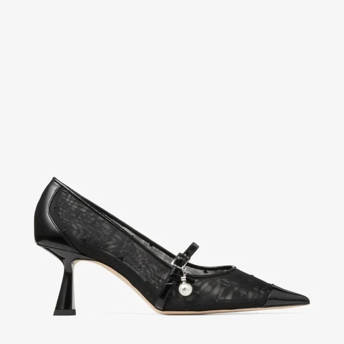 Aren Pump 65 Black Spazzolato and Heart Mesh Pumps with Pearl Charm