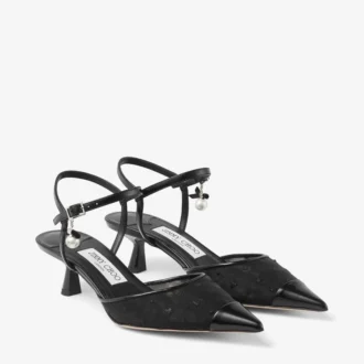 Aren Sling Back 45 Black Spazzolato and Heart Mesh Slingbacks with Pearl Charm