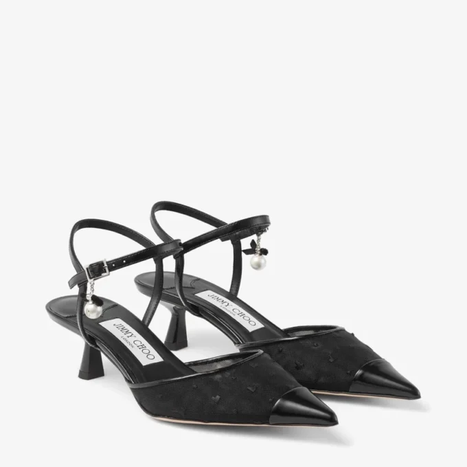 Aren Sling Back 45 Black Spazzolato and Heart Mesh Slingbacks with Pearl Charm