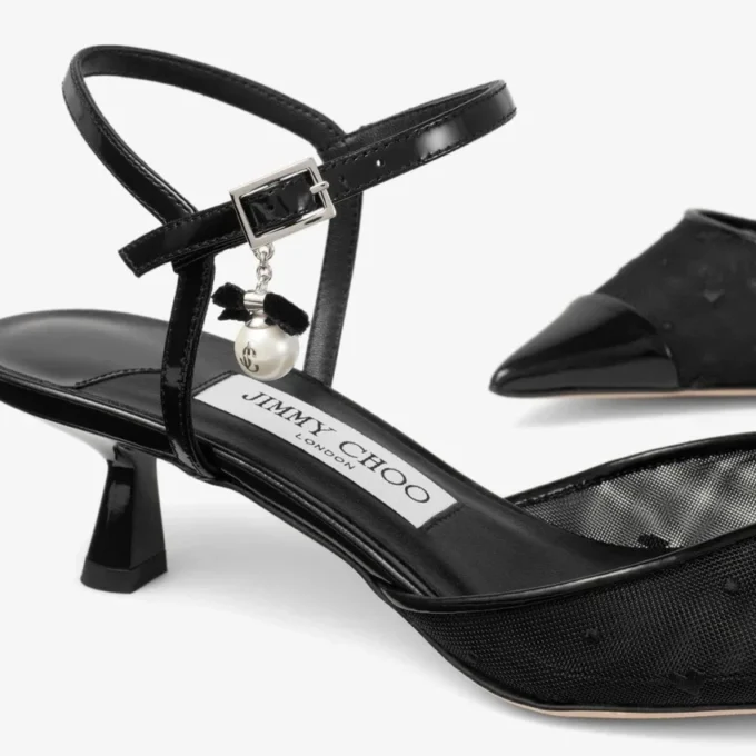 Aren Sling Back 45 Black Spazzolato and Heart Mesh Slingbacks with Pearl Charm