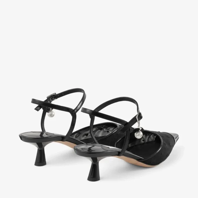 Aren Sling Back 45 Black Spazzolato and Heart Mesh Slingbacks with Pearl Charm
