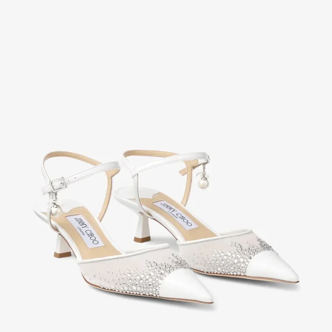 Aren Sling Back 45 White Crystal Mesh Slingbacks with Pearl Charm