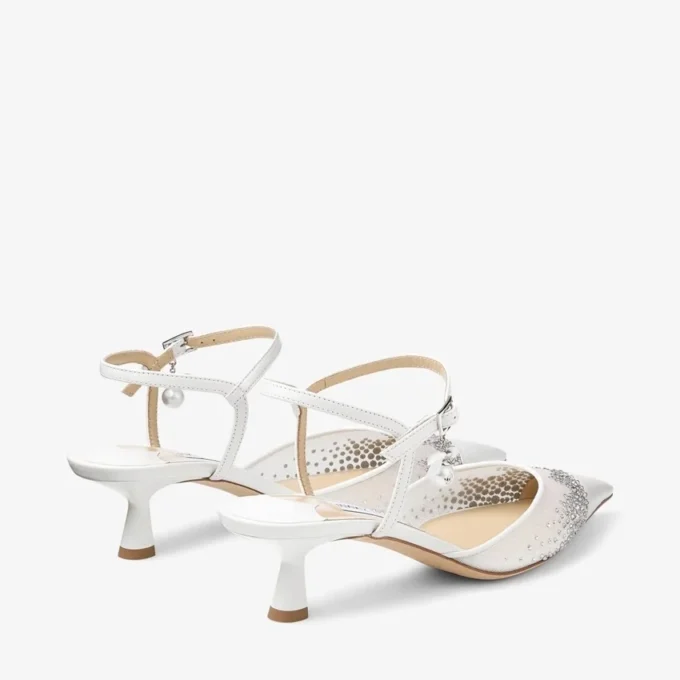 Aren Sling Back 45 White Crystal Mesh Slingbacks with Pearl Charm