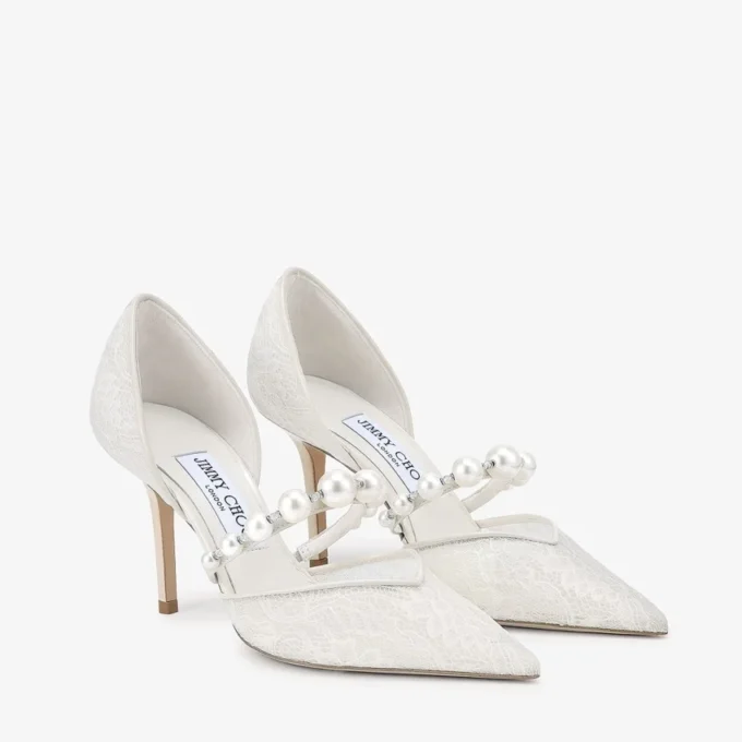 Aurelie 85 Ivory Jimmy Choo Lace Pumps with Pearl Embellishment
