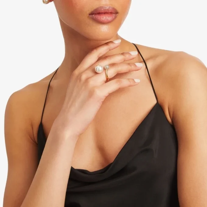 Auri Ring Gold-Finish Metal Pearl and Crystal Ring