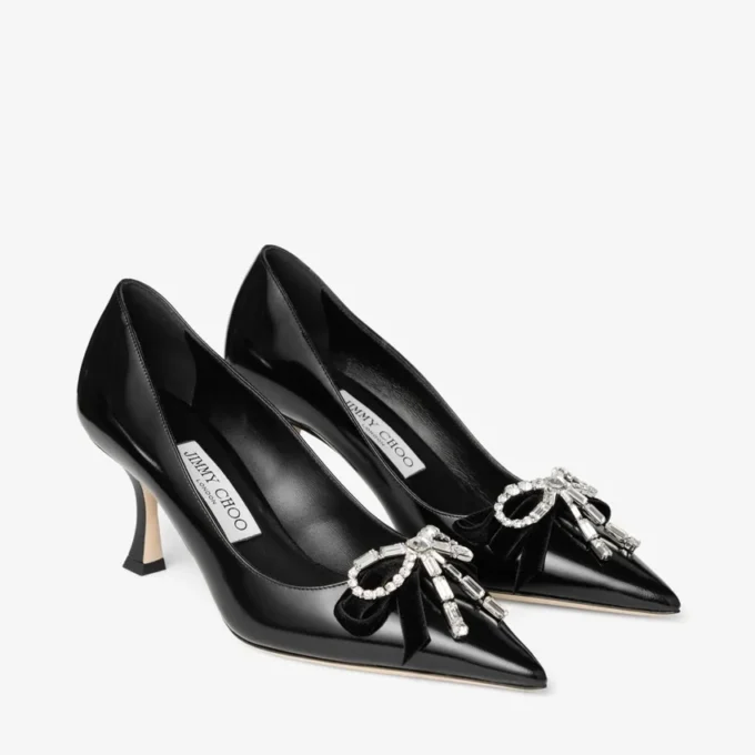 Auria 70 Black Soft Spazzolato Pumps with Velvet and Crystal Bow