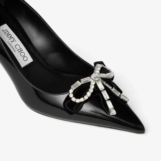 Auria 70 Black Soft Spazzolato Pumps with Velvet and Crystal Bow
