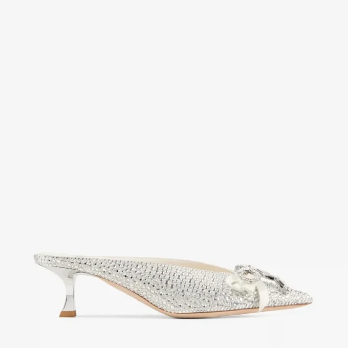 Auria Mule 50 Ivory Satin and Princess Crystal Hotfix Mules with Bow Embellishment