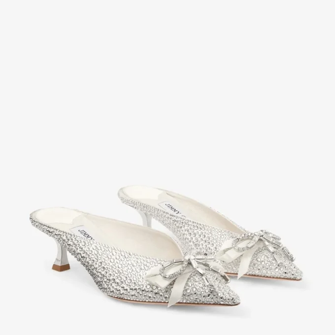 Auria Mule 50 Ivory Satin and Princess Crystal Hotfix Mules with Bow Embellishment