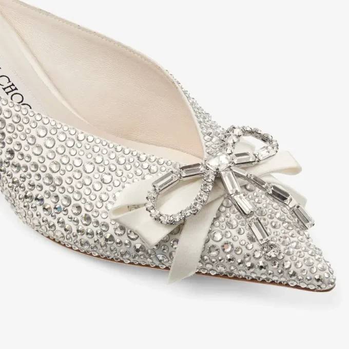 Auria Mule 50 Ivory Satin and Princess Crystal Hotfix Mules with Bow Embellishment