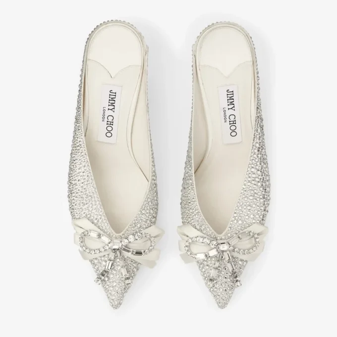 Auria Mule 50 Ivory Satin and Princess Crystal Hotfix Mules with Bow Embellishment