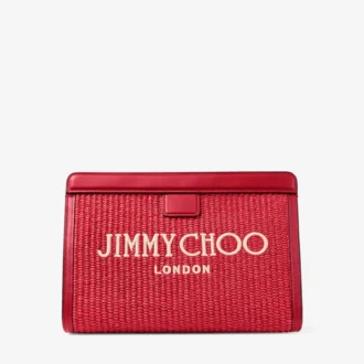 Avenue London Pouch Ruby Red and Light Gold Embroidered Raffia and Leather Pouch