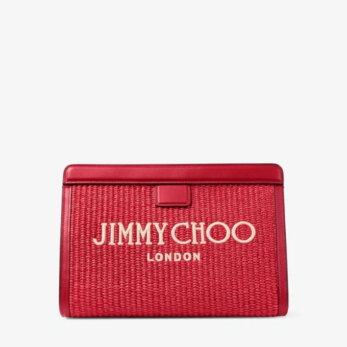 Avenue London Pouch Ruby Red and Light Gold Embroidered Raffia and Leather Pouch