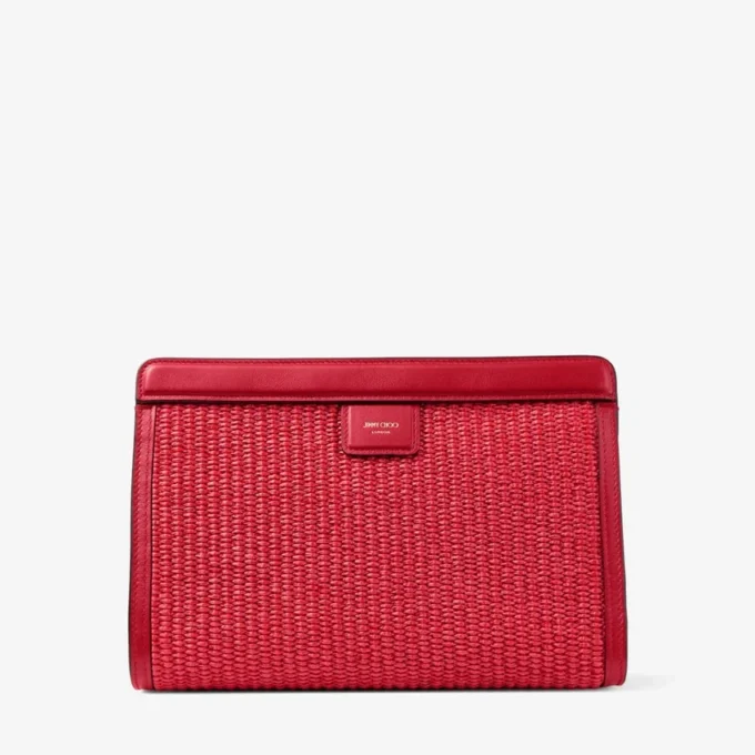 Avenue London Pouch Ruby Red and Light Gold Embroidered Raffia and Leather Pouch