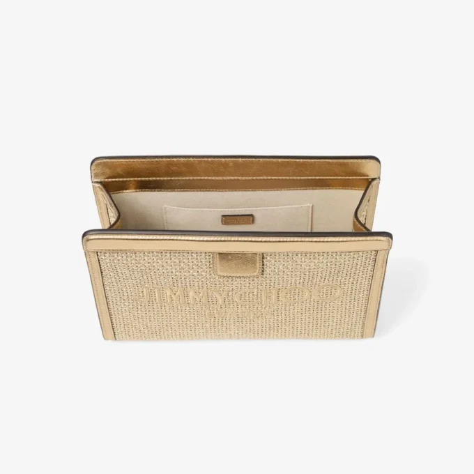 Avenue  Pouch Gold and Dark Cappuccino Metallic Embroidered Raffia Pouch