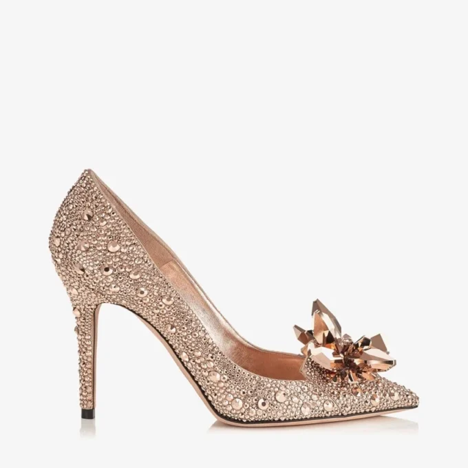 Avril Rose Gold Crystal Covered Pointy Toe Pumps
