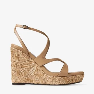 Ayla 110 Cappuccino Nappa Leather and Flower Woven Raffia Wedges