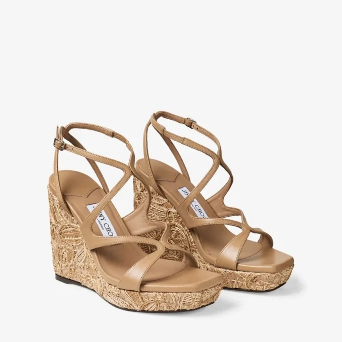 Ayla 110 Cappuccino Nappa Leather and Flower Woven Raffia Wedges
