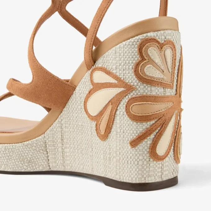 Ayla 110 Toffee and Natural Mix Suede and Nappa Leather Wedges with Fine Raffia