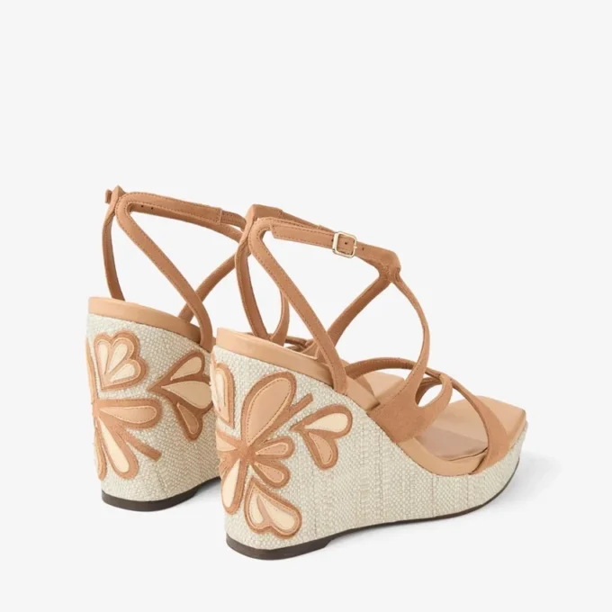 Ayla 110 Toffee and Natural Mix Suede and Nappa Leather Wedges with Fine Raffia