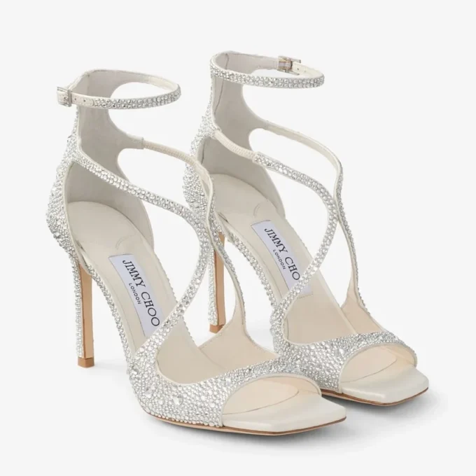 Azia 95 Ivory Satin Pumps with Crystal Embellishment