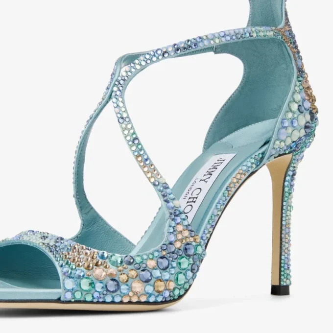 Azia 95 Sky Mix Satin Sandals with Multi Crystal Embellishment