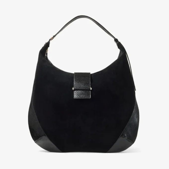 Bar Hobo Large Black Suede Shoulder Bag with Shiny Snake Printed Leather Trims