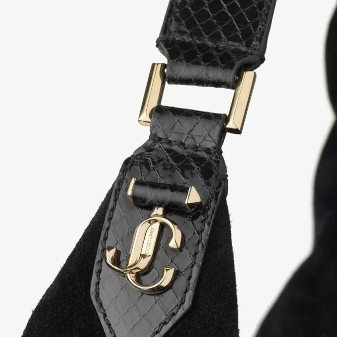 Bar Hobo Large Black Suede Shoulder Bag with Shiny Snake Printed Leather Trims