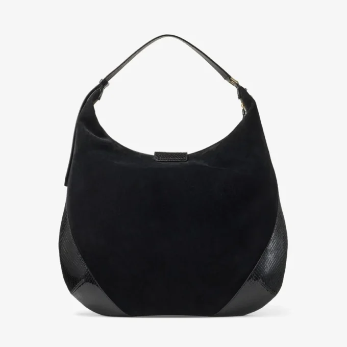 Bar Hobo Large Black Suede Shoulder Bag with Shiny Snake Printed Leather Trims