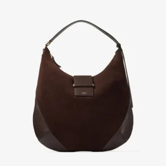 Bar Hobo M Chocolate Suede Shoulder Bag with Leather Trims