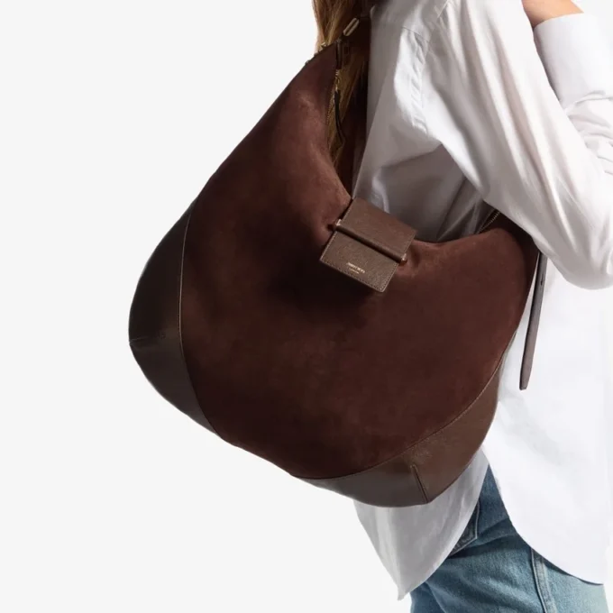 Bar Hobo M Chocolate Suede Shoulder Bag with Leather Trims