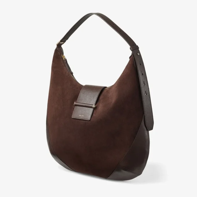Bar Hobo M Chocolate Suede Shoulder Bag with Leather Trims