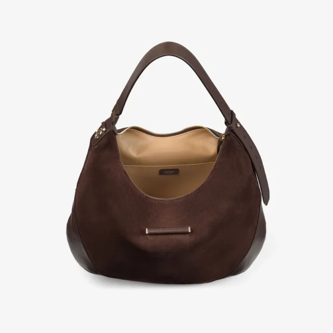 Bar Hobo M Chocolate Suede Shoulder Bag with Leather Trims