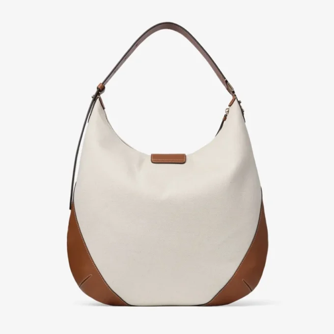 Bar Hobo Medium Natural and Tan Recycled Canvas Shoulder Bag with Biker Leather Trim