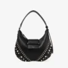 Bar Hobo Small Black Biker Leather Shoulder Bag with Pearl Studs